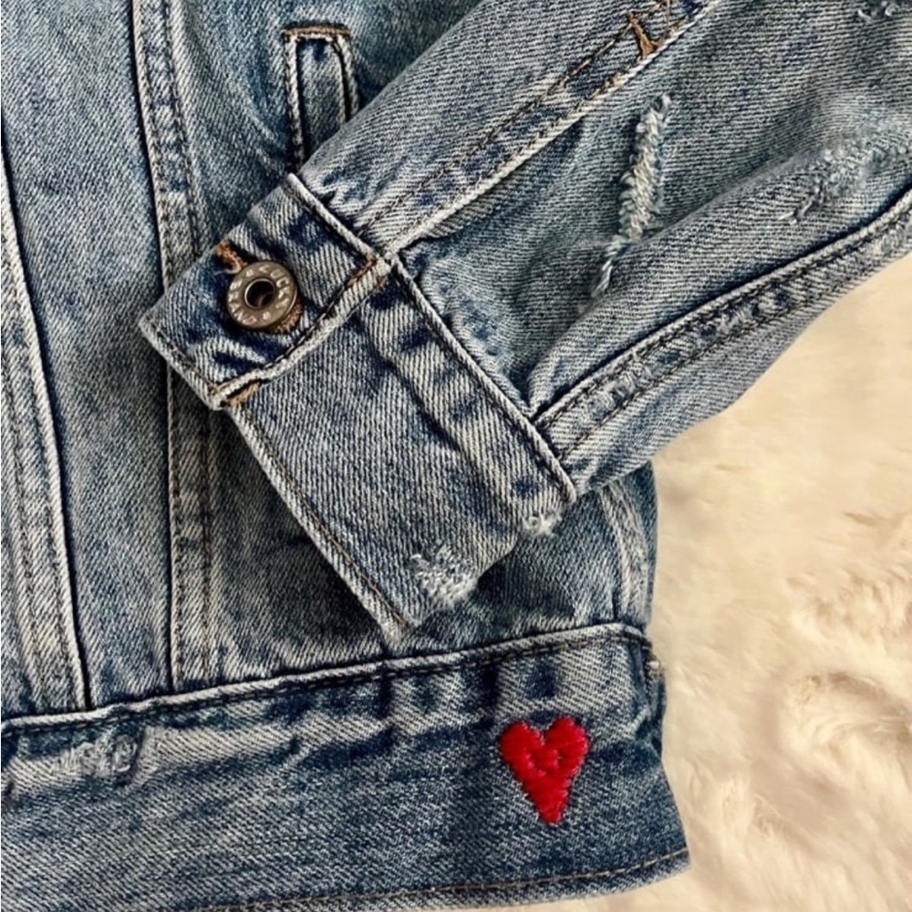 Lucky Brand The Tomboy Trucker Denim Jean Jacket with Heart Embroidery